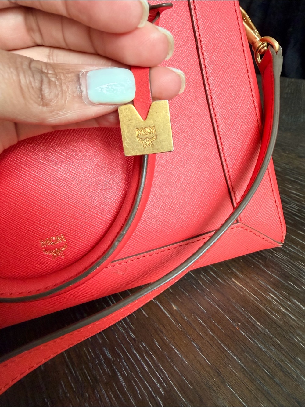 MCM Red Saffiano Leather Satchel Crossbody Bag Gold Hardware - Picture 3 of 14